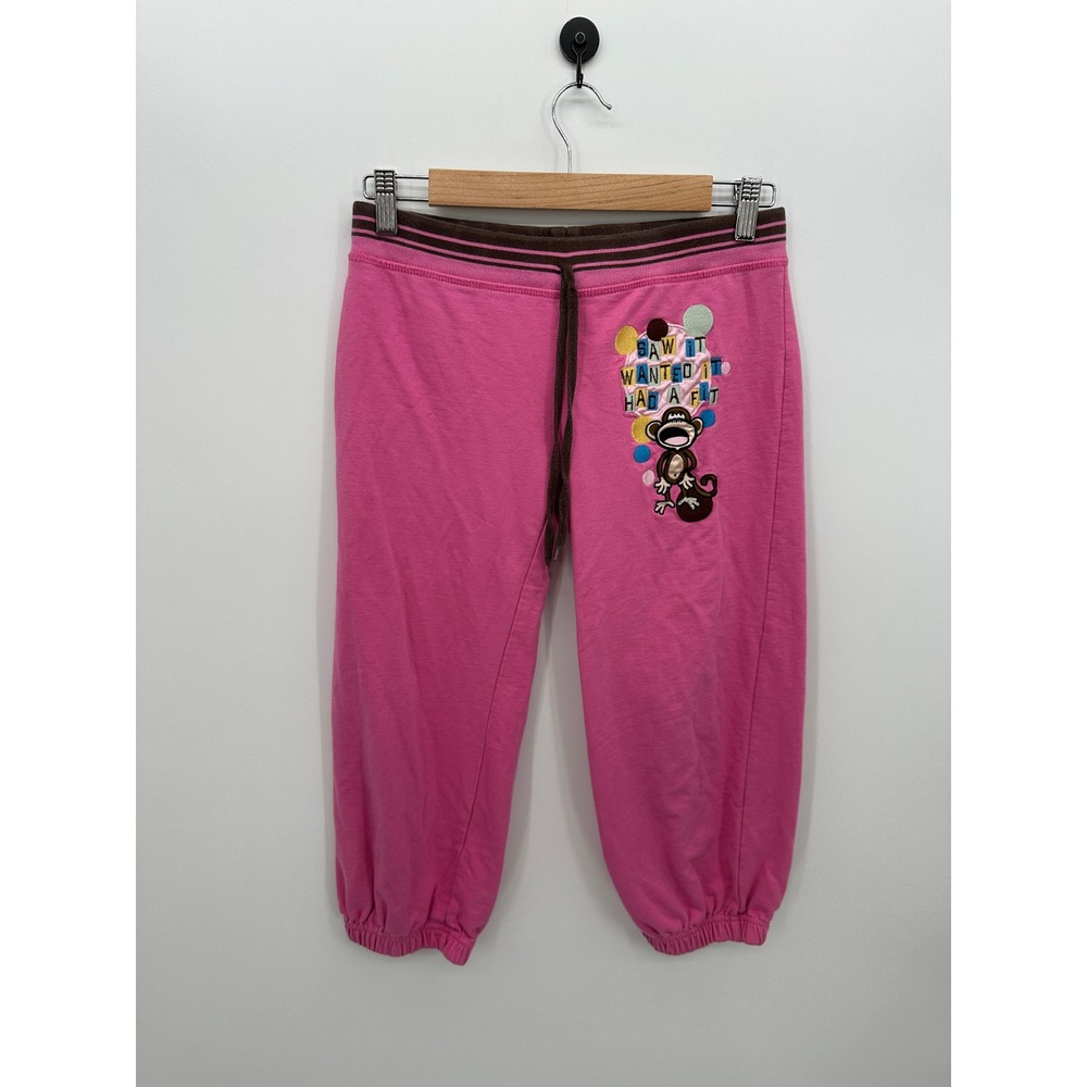 Bobby Jack Y2K Pink Monkey Graphic Cropped Sweatpants Joggers Size XL 16